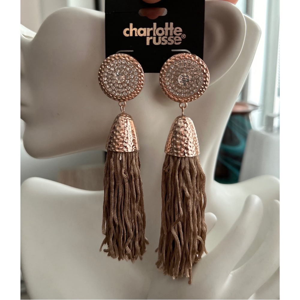 Brand New! Rose Gold Rhinestone Tassel Earrings
